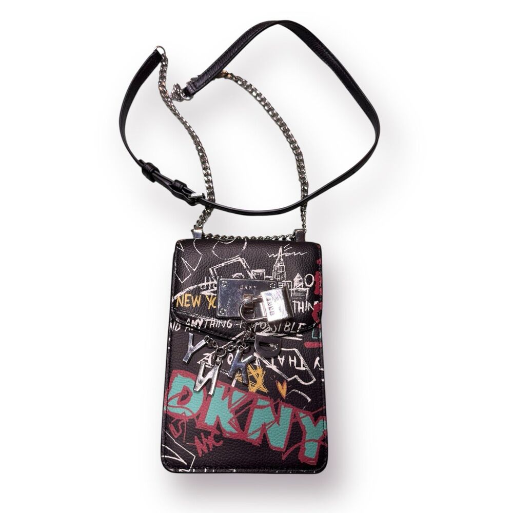 DKNY Cleo North South Phone‎ Crossbody Chain Strap Graffiti Leather Shoulder Bag